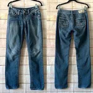 Silver Suki Mid Straight Joga Jeans Women’s Size W26/L32 Blue Distressed Hem